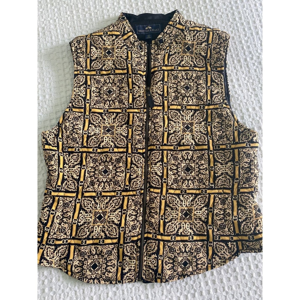 British Khaki Womens‎ Quilted Vest Gold Black Paisley Baroque Tile Full Zip L